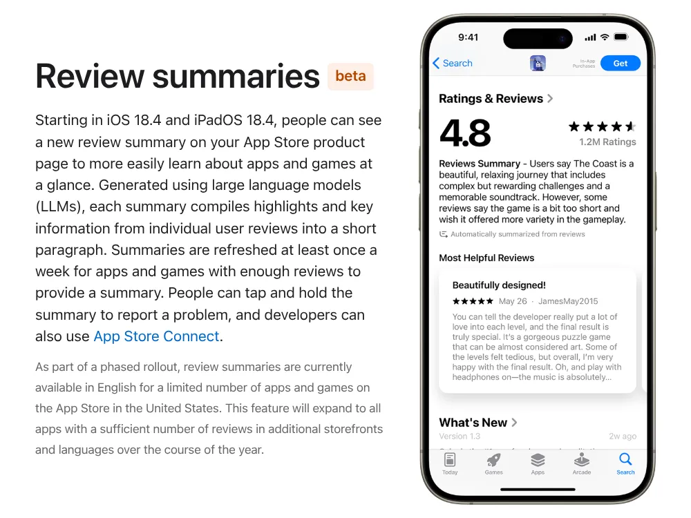 Ví dụ về tóm tắt đánh giá ứng dụng được tạo bằng AI trên Apple App Store, minh họa tính năng mới của iOS 18.4