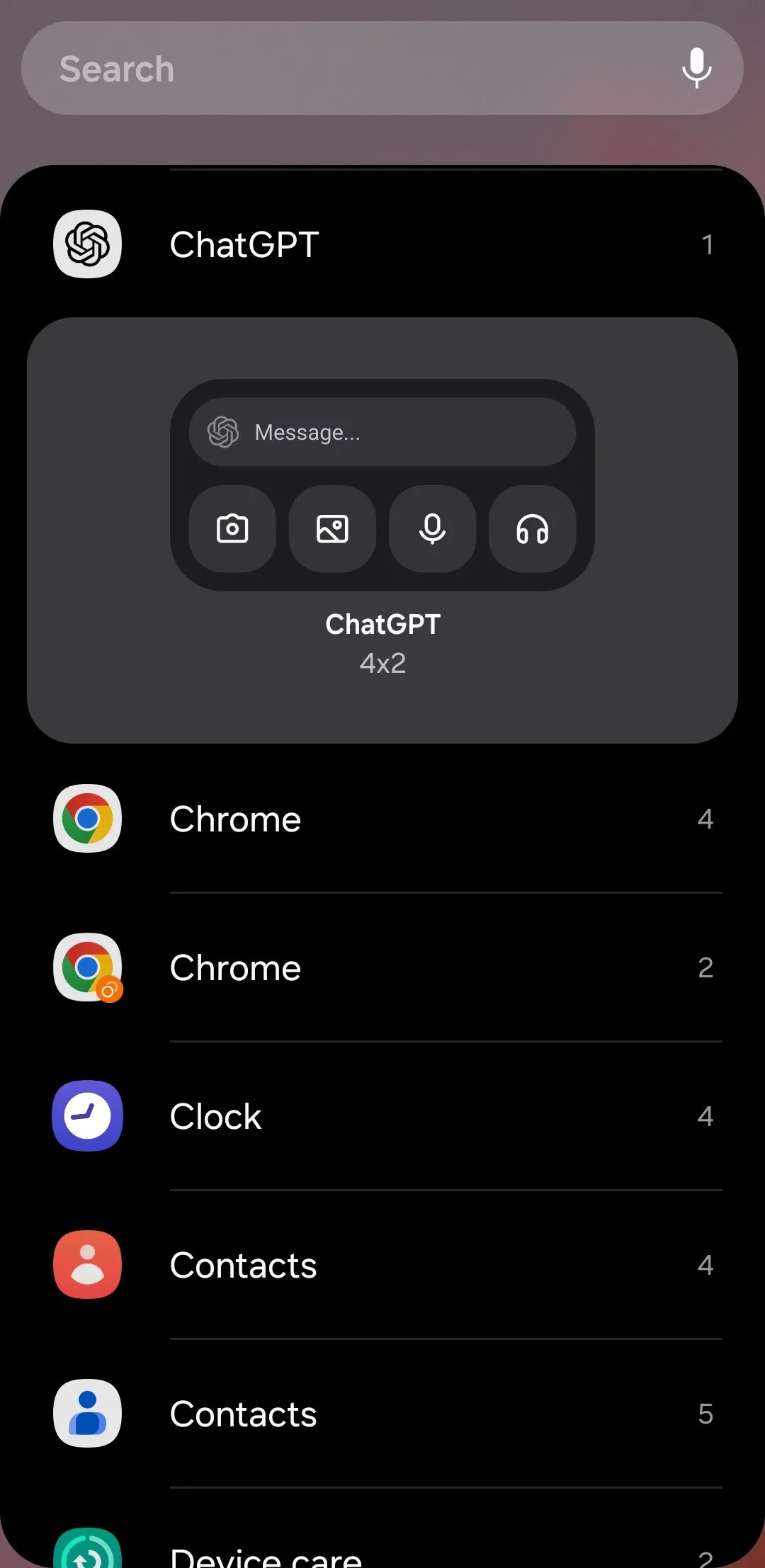 Widget ChatGPT trên điện thoại Android cho phép nhập liệu bằng văn bản, giọng nói và hình ảnh