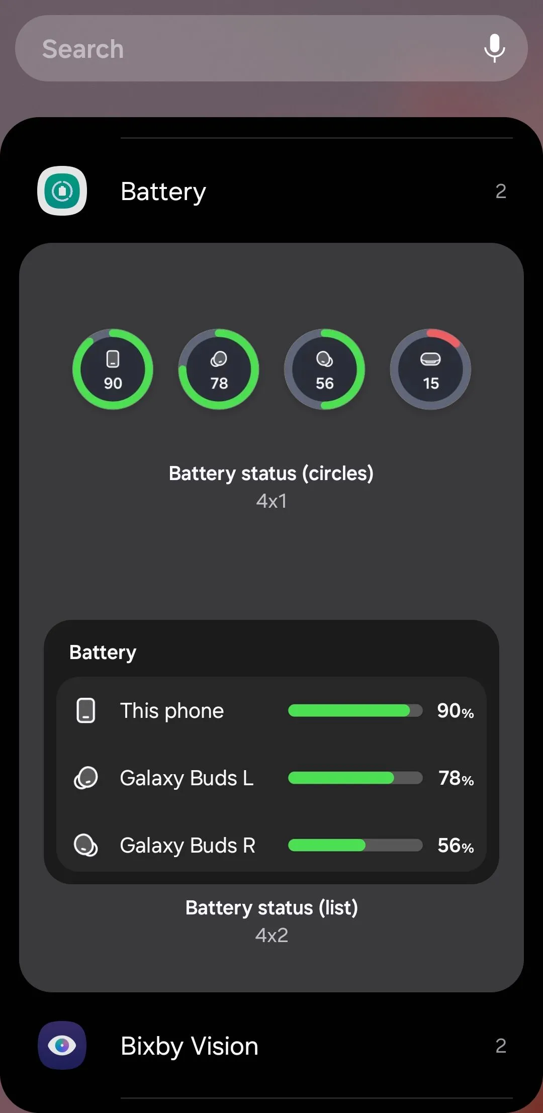 Widget hiển thị trạng thái pin điện thoại Samsung và các thiết bị kết nối như Galaxy Buds, Galaxy Watch