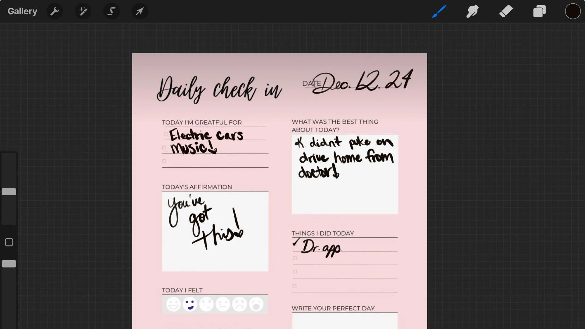 A digital journal layout on Procreate, showing handwritten notes, photos from a trip, and decorative elements like stamps, creating a personalized scrapbook page.