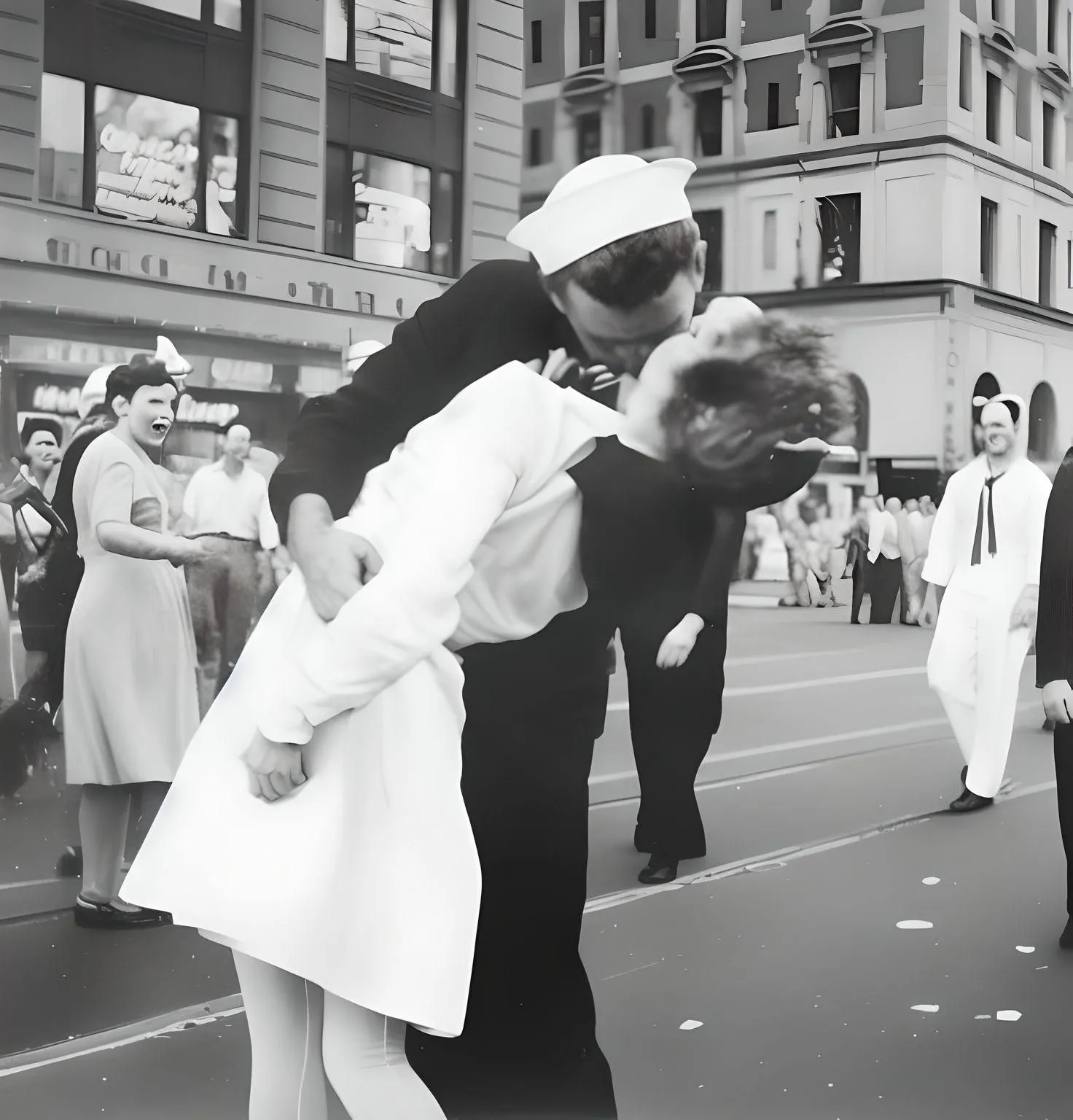 Ảnh AI tái tạo cảnh &quot;Kissing the War Goodbye&quot; bằng image-to-image, chủ thể chính tốt nhưng nền bị biến dạng.