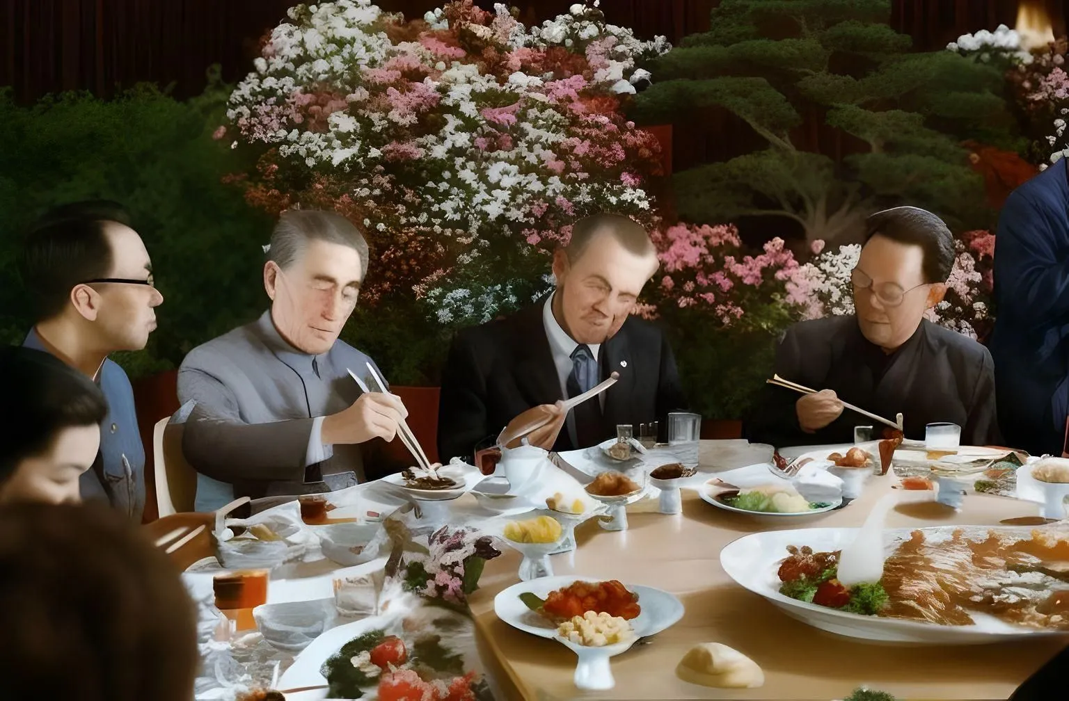 Ảnh AI tái tạo cảnh Nixon ở Trung Quốc qua chế độ image-to-image của Fotor AI, với các chi tiết bị biến dạng.