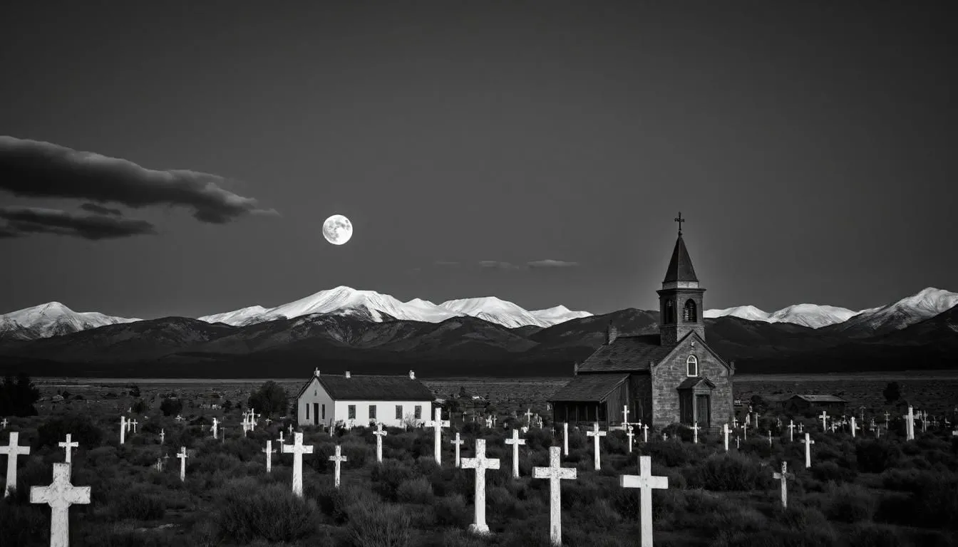 Ảnh AI tạo bởi Fotor AI mô phỏng phong cách Ansel Adams, thể hiện cảnh thị trấn sa mạc dưới ánh trăng với tương phản cao.