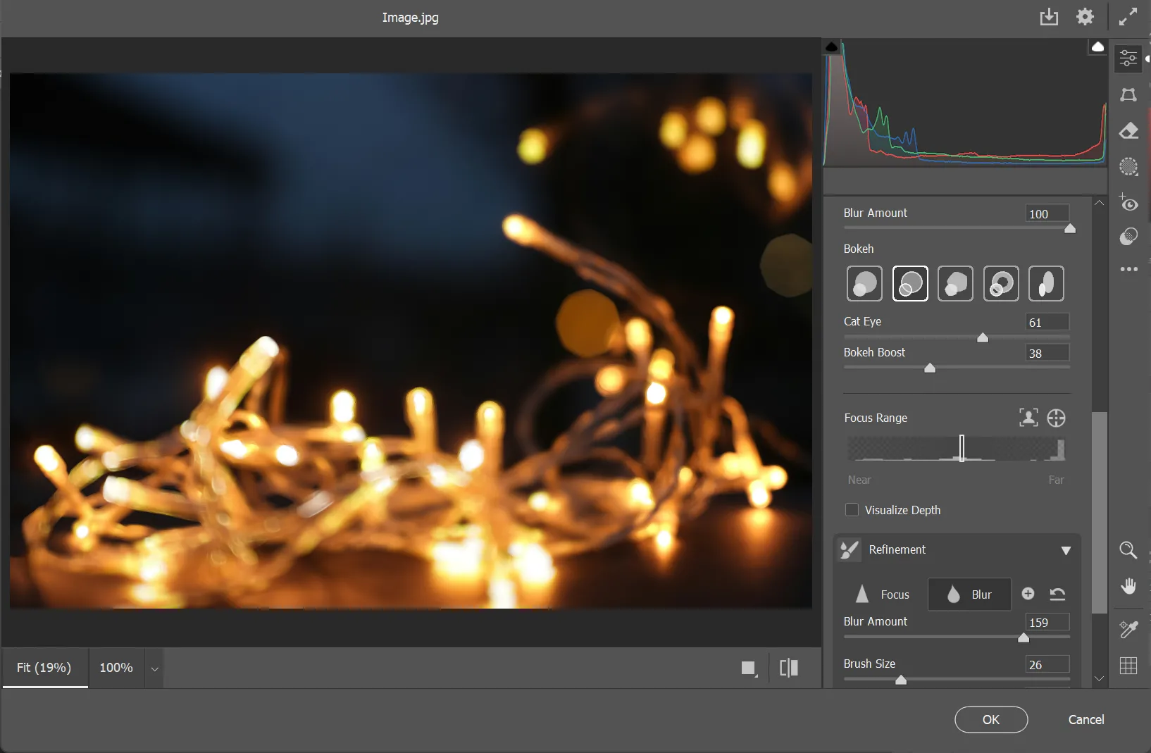 Ảnh chụp đèn Giáng sinh với hiệu ứng bokeh nghệ thuật được tạo bởi Lens Blur trong Photoshop, thể hiện rõ các hình dạng bokeh khác nhau.