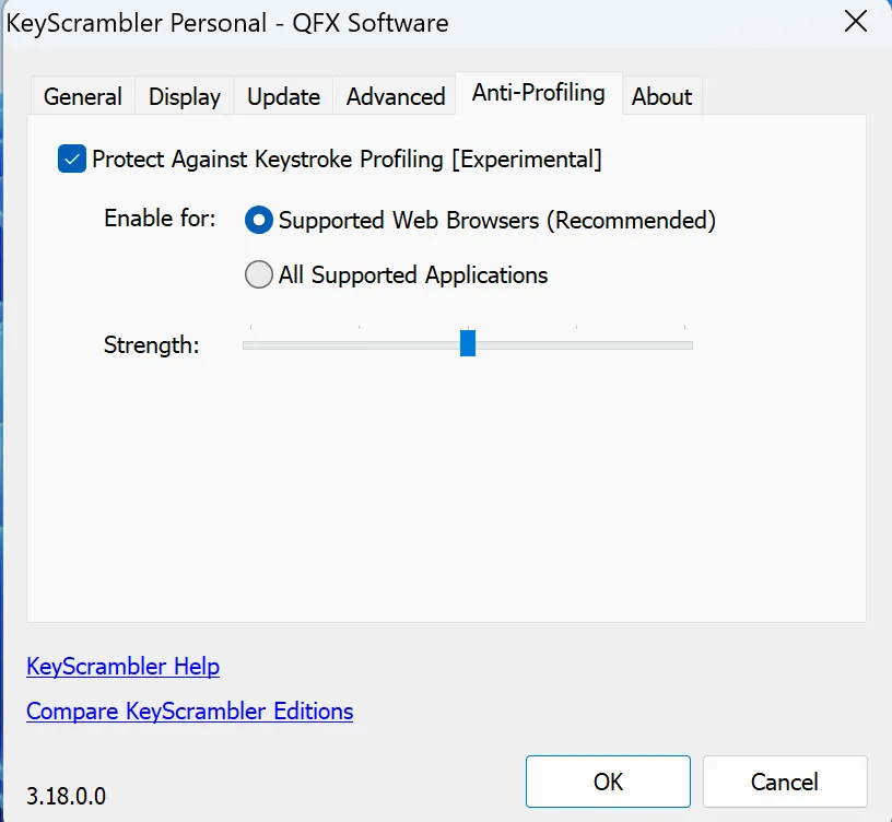 Ảnh chụp màn hình cài đặt trong ứng dụng KeyScrambler giúp mã hóa bàn phím