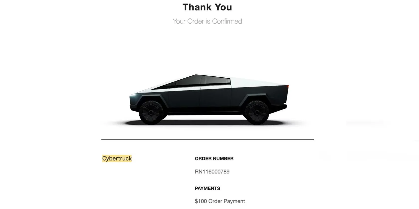 Ảnh chụp màn hình xác nhận đơn hàng của Tesla Cybertruck, minh họa thông tin chi tiết mua sắm cần được bảo mật.