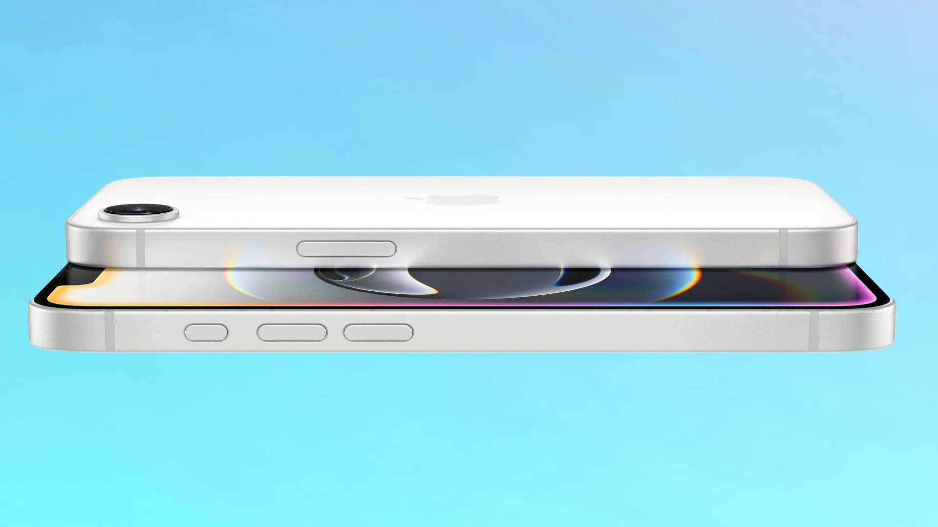 Ảnh minh họa mặt trước và sau của iPhone 16e, mẫu điện thoại mới tích hợp Nút Tác Vụ và hỗ trợ Visual Intelligence.