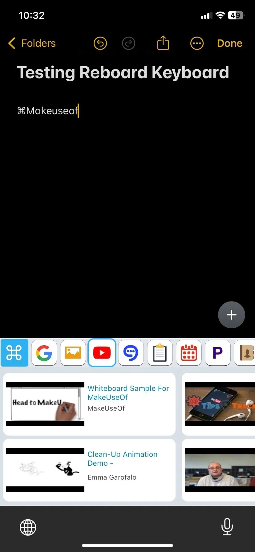 Bàn phím ReBoard tích hợp ứng dụng thu nhỏ, hiển thị kết quả tìm kiếm YouTube trực tiếp trên giao diện bàn phím.