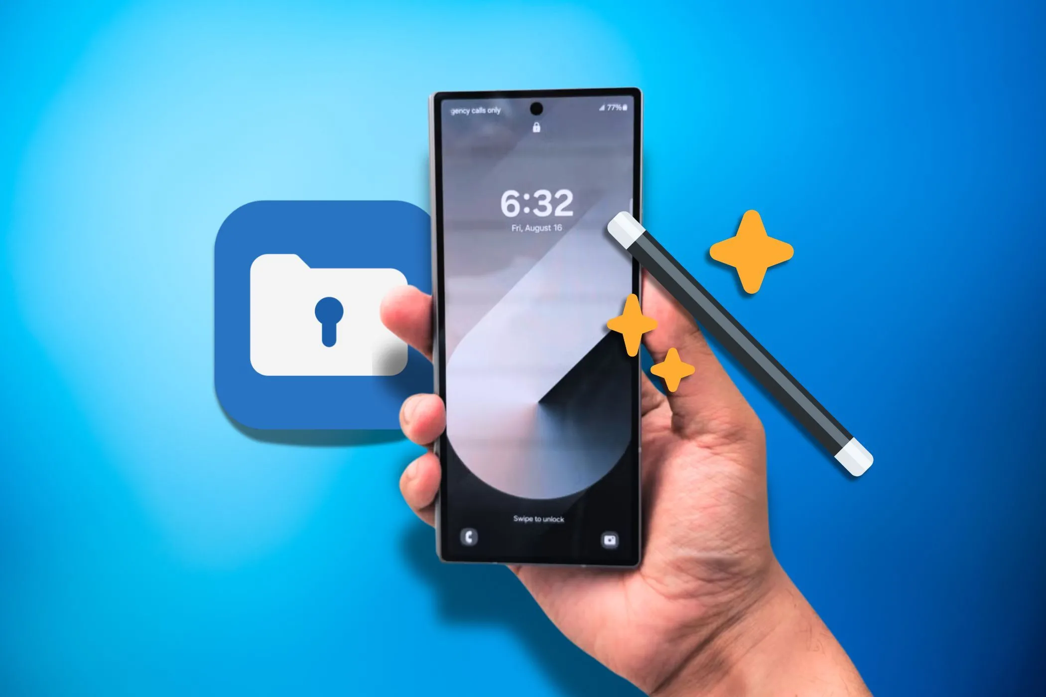 Bàn tay cầm điện thoại Samsung với biểu tượng Secure Folder và đũa thần