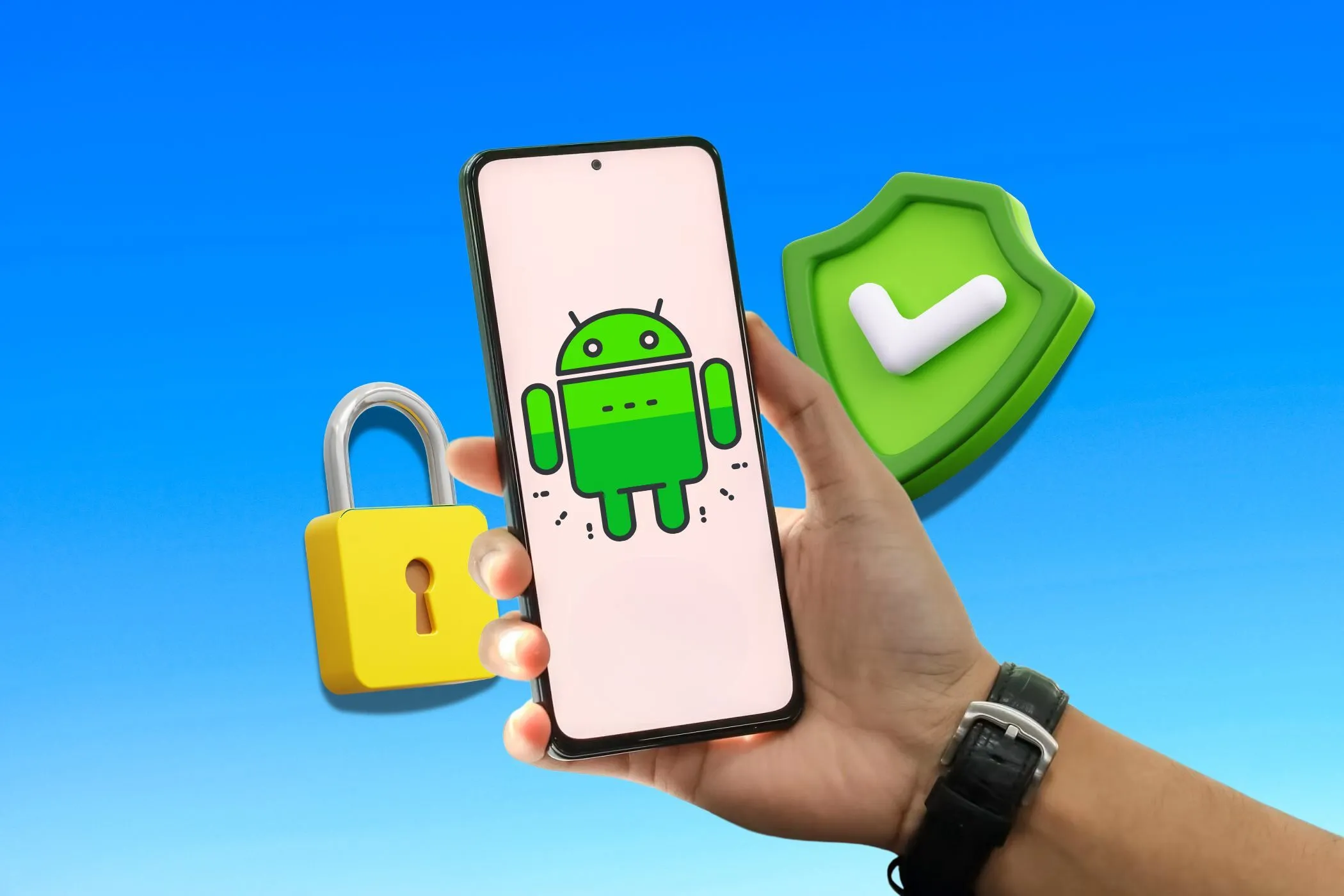 Bàn tay đang cầm điện thoại Android hiển thị màn hình khóa với biểu tượng ổ khóa và bảo mật, minh họa cho tính năng bảo mật mới