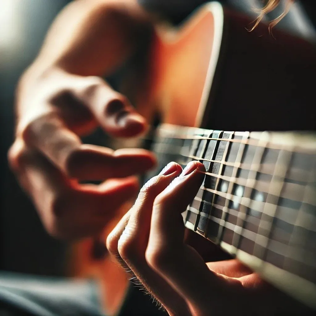 Bàn tay nghệ sĩ chơi hợp âm E minor trên đàn guitar acoustic, minh họa chi tiết khả năng xử lý tay của AI tạo ảnh DALL-E