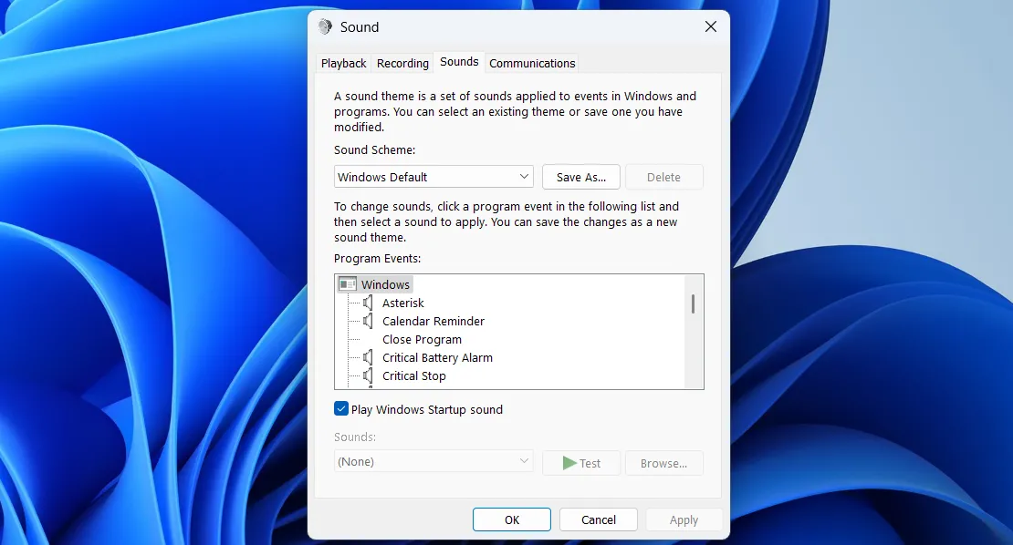 Bảng điều khiển cài đặt Âm thanh truyền thống trên Windows 11, nơi quản lý thiết bị phát/ghi âm và tùy chỉnh âm thanh hệ thống.