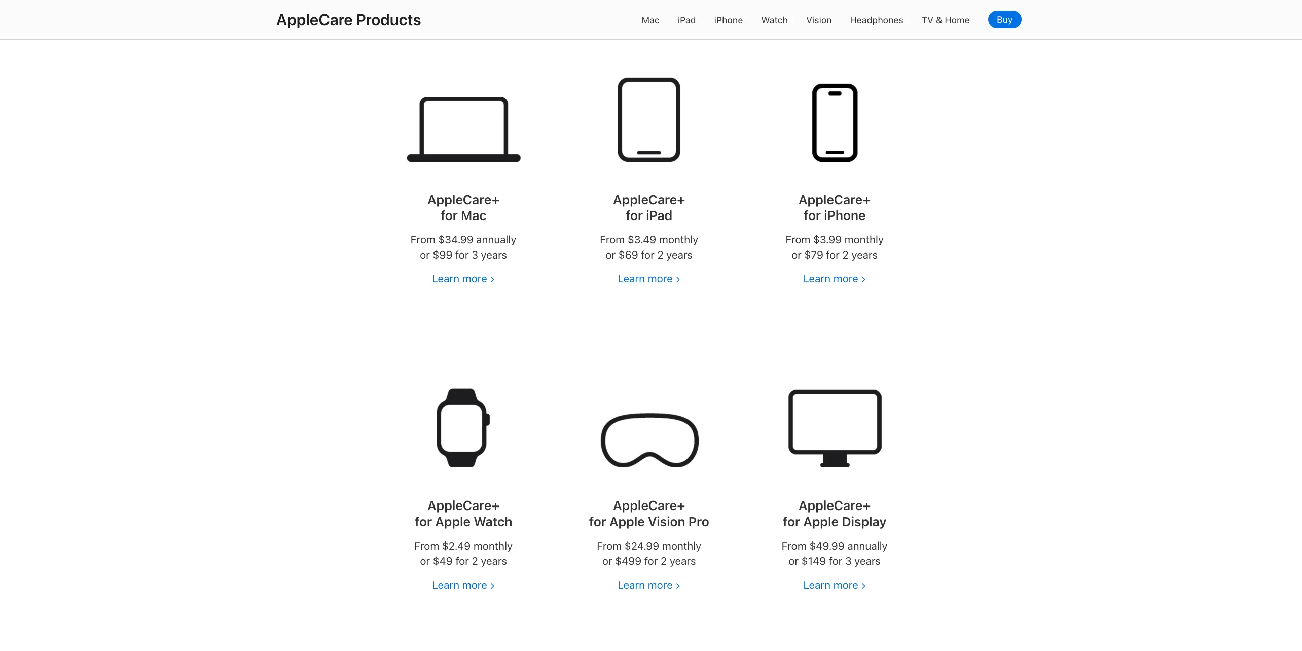 Bảng giá các gói AppleCare+ dành cho các thiết bị Apple khác nhau