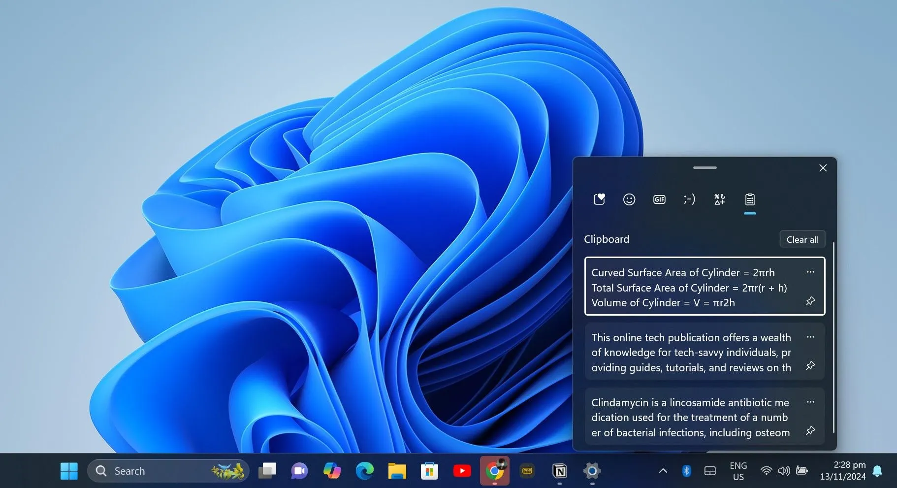 Bảng lịch sử Clipboard trên Windows hiển thị các mục đã sao chép