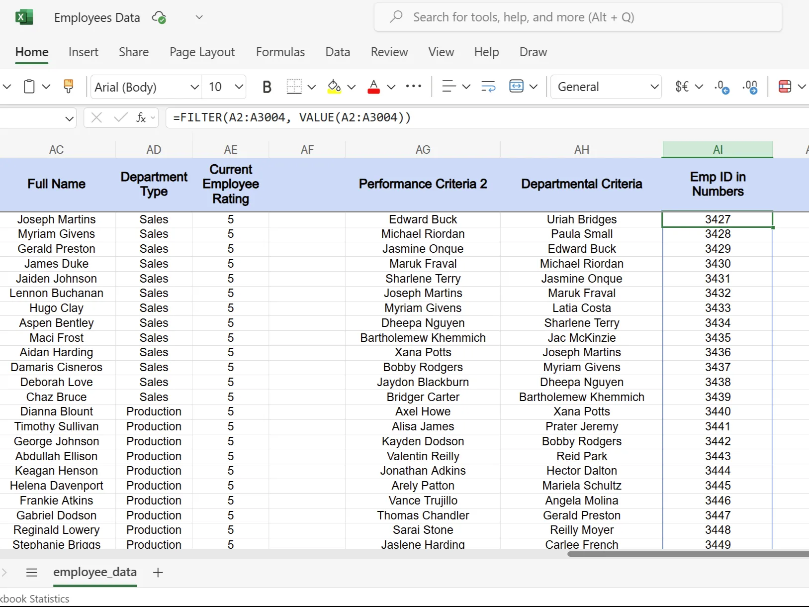 Bảng tính Excel hiển thị ID nhân viên đã được chuyển đổi sang định dạng số bằng hàm VALUE trước khi áp dụng FILTER