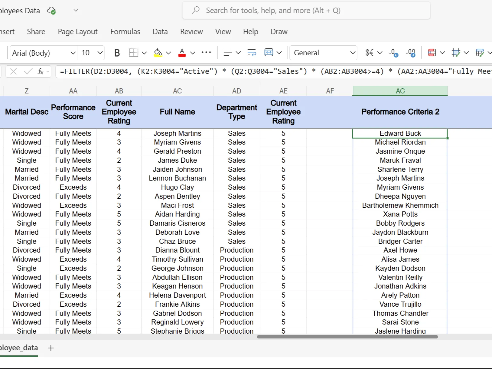 Bảng tính Excel minh họa việc lọc nhân viên theo tiêu chí hiệu suất (đánh giá từ 4 trở lên và đáp ứng đầy đủ yêu cầu) sử dụng hàm FILTER với logic AND