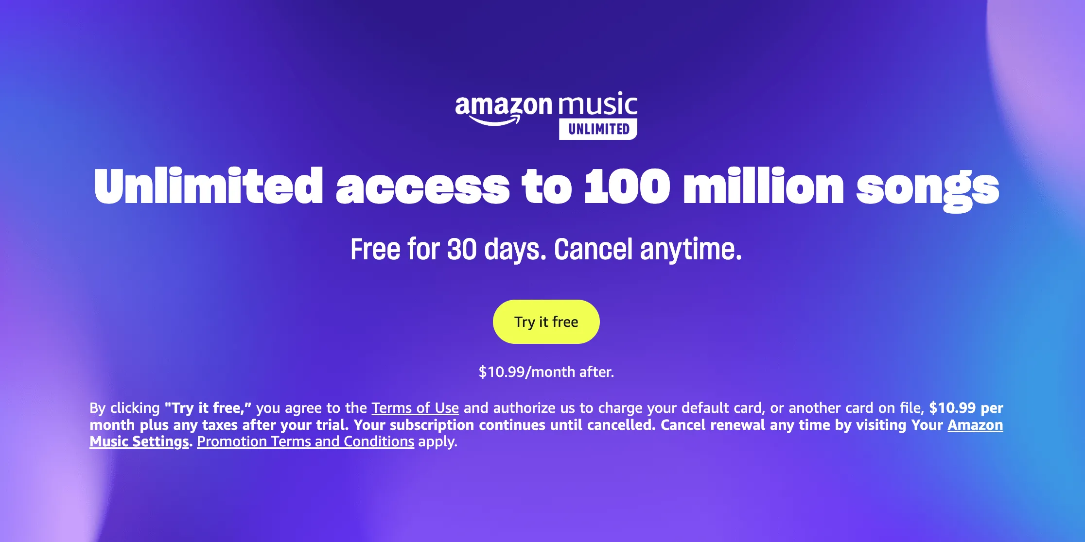 Banner quảng cáo Amazon Music Unlimited với thông tin về chất lượng HD và gói dùng thử miễn phí, minh họa cho dịch vụ stream nhạc cao cấp