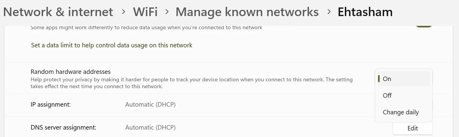 Bật địa chỉ phần cứng ngẫu nhiên cho một mạng Wi-Fi cụ thể trong cài đặt Windows