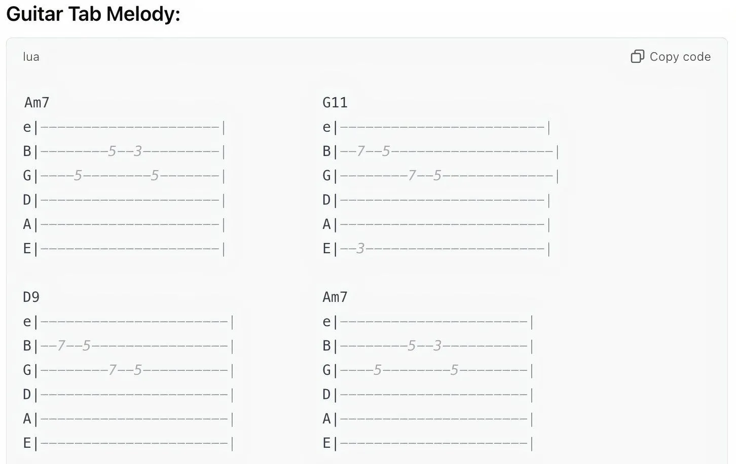 Biểu đồ tab guitar do ChatGPT tạo ra minh họa giai điệu