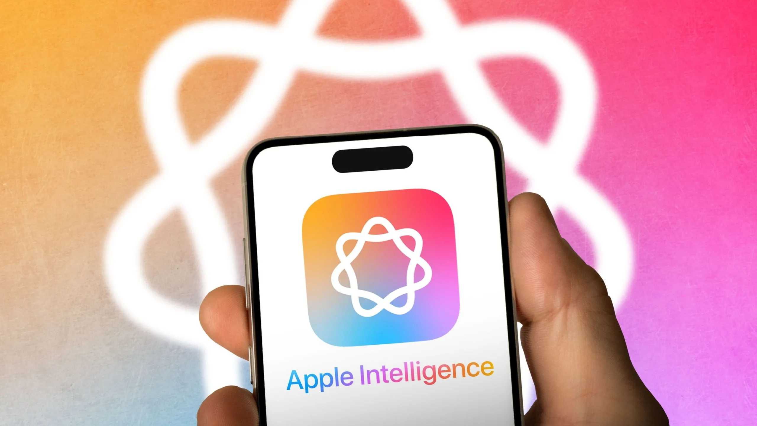 Biểu tượng Apple Intelligence với chữ trên nền điện thoại, minh họa tính năng AI của Apple