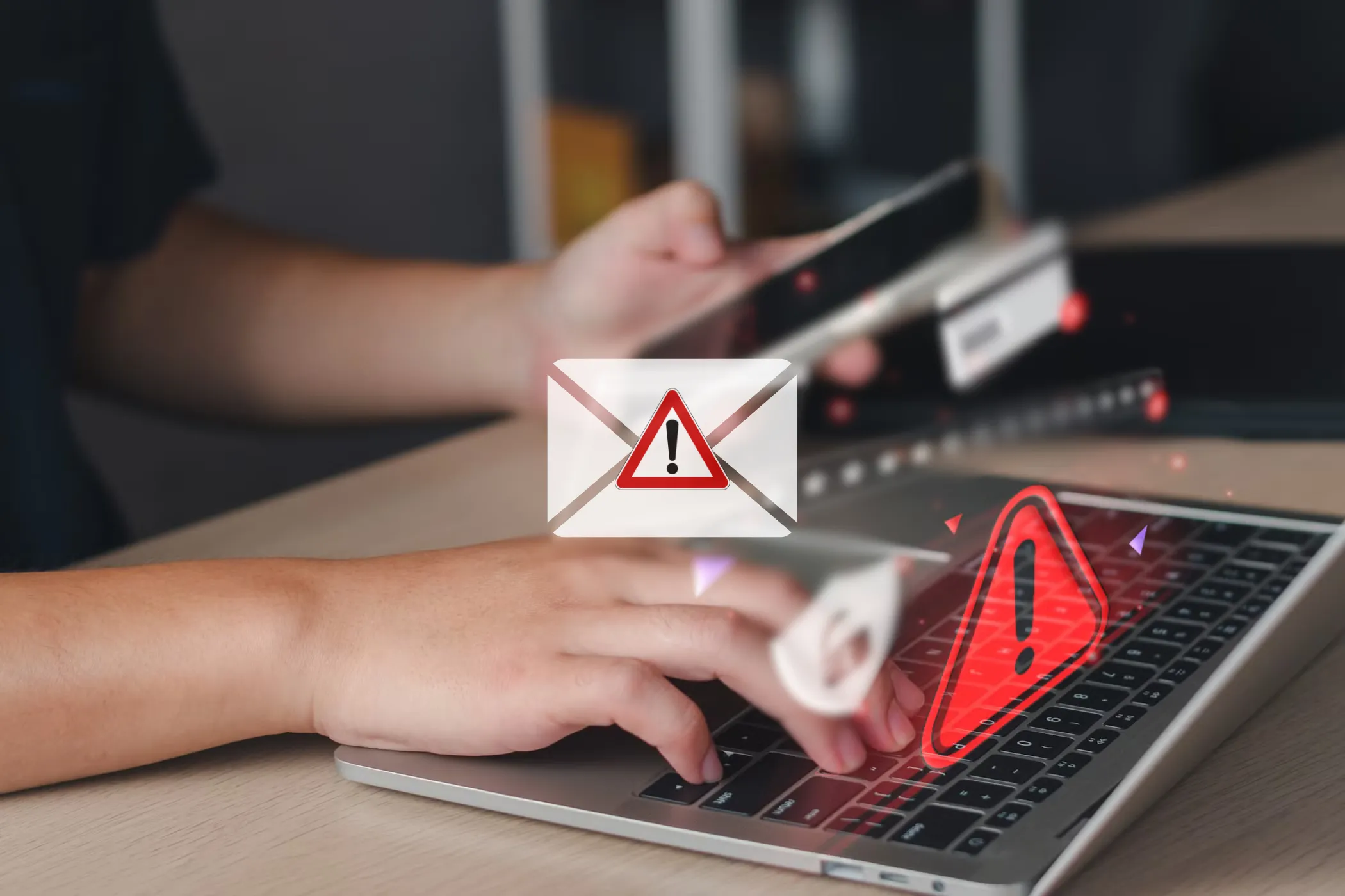 Biểu tượng email lừa đảo với hình ảnh người đang sử dụng laptop và điện thoại phía sau, nhấn mạnh tầm quan trọng của việc khóa thiết bị để bảo vệ mật khẩu và dữ liệu cá nhân khỏi truy cập trái phép.