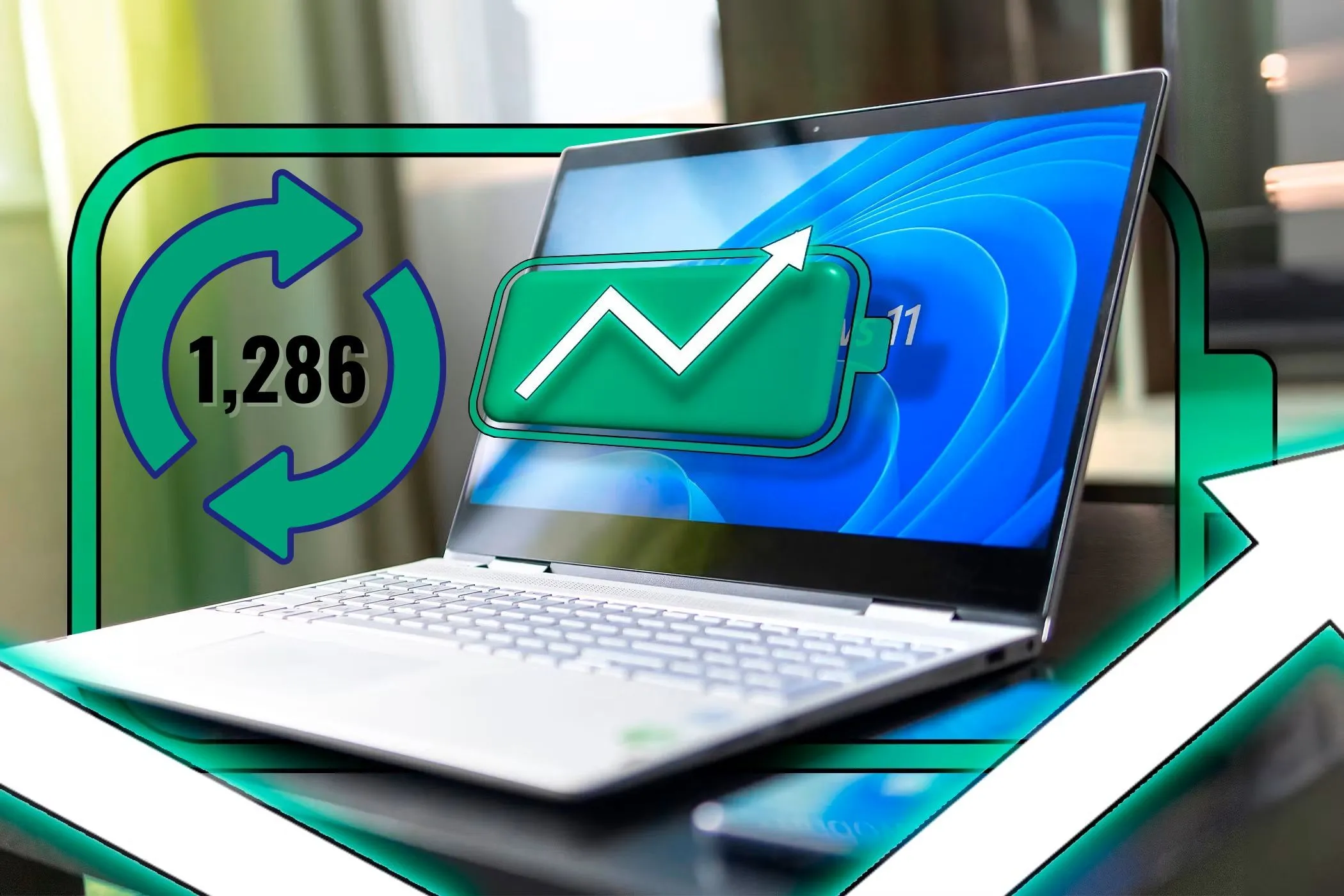 Biểu tượng pin đầy trên laptop Windows 11 với mũi tên chỉ lên, minh họa tối ưu hóa năng lượng.