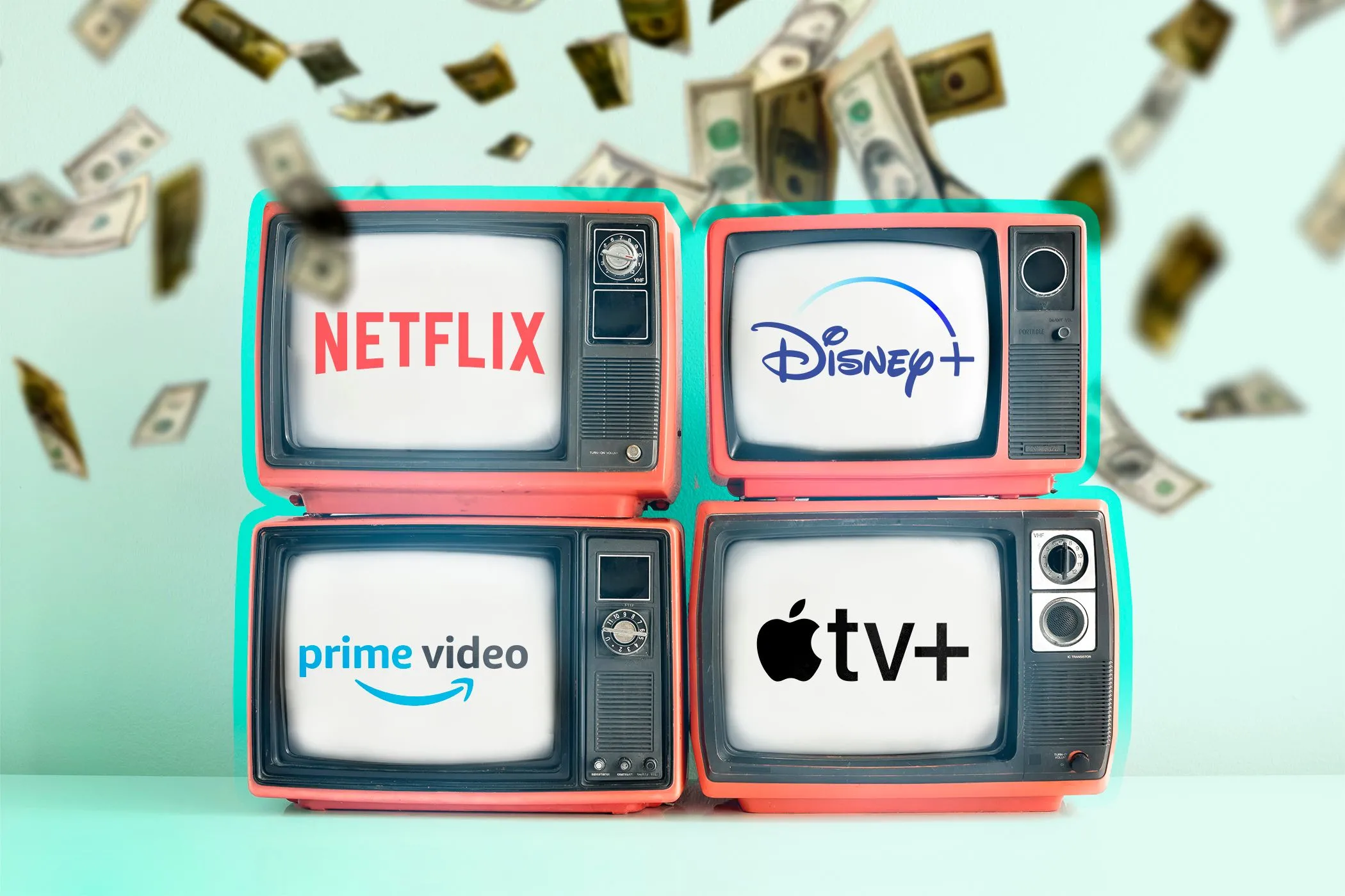 Bốn chiếc TV hiển thị logo dịch vụ streaming và tiền đô la rơi xuống, tượng trưng cho mô hình kinh doanh thu lợi nhuận từ dữ liệu trên TV thông minh