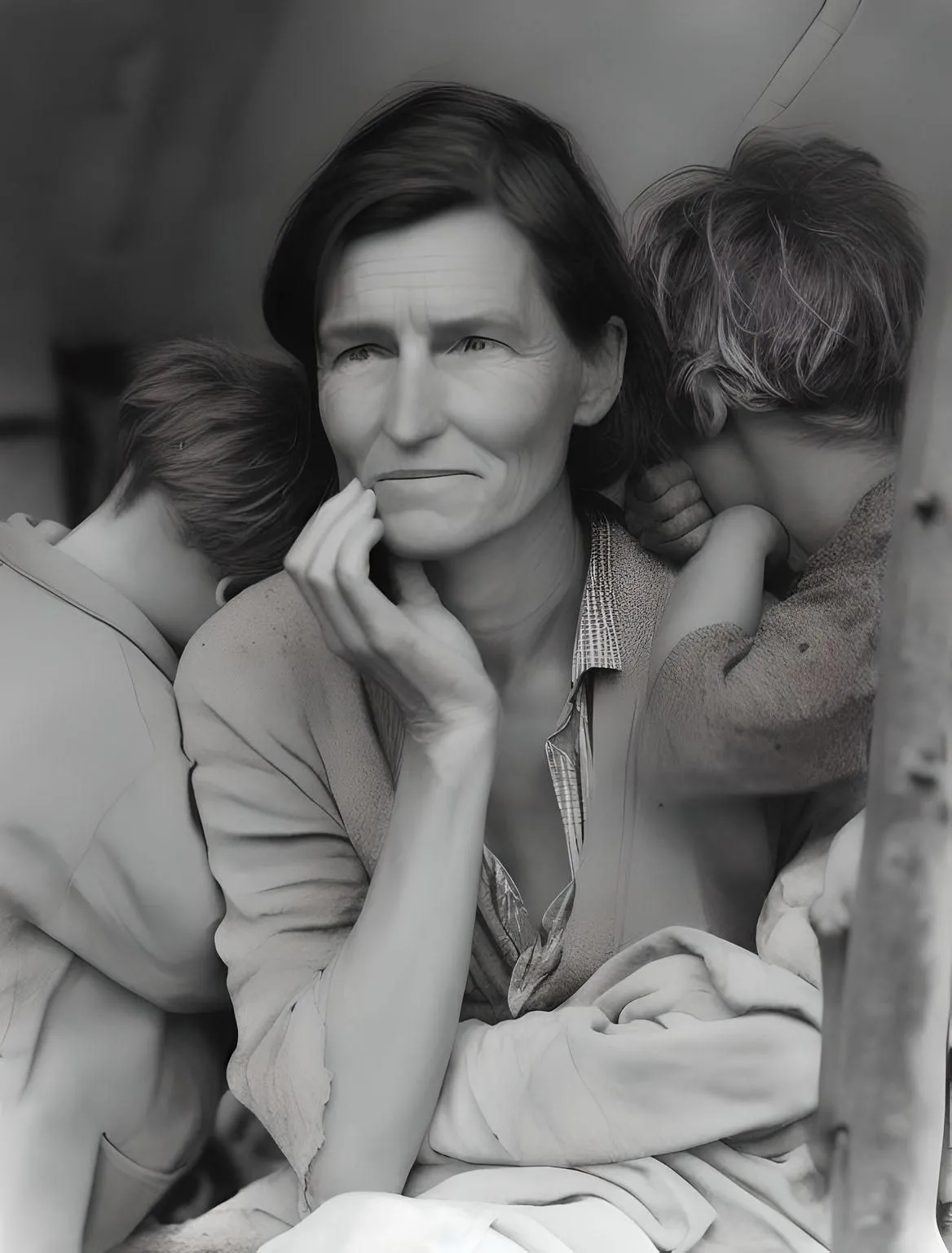 Bức ảnh AI tái tạo từ &quot;Migrant Mother&quot; bằng chế độ image-to-image của Fotor AI, cải thiện bố cục.