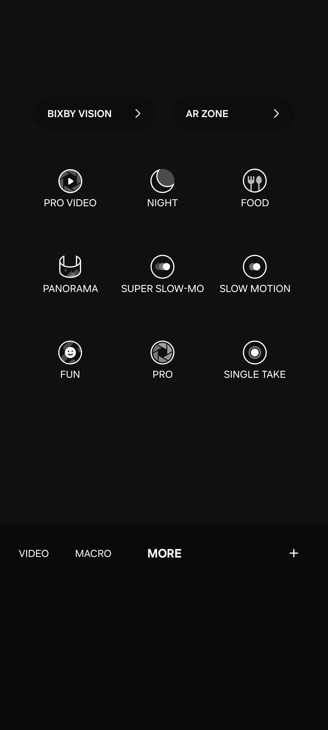 Các chế độ camera khác nhau trên điện thoại Samsung, hiển thị tùy chọn 'Thêm' để truy cập Pro Mode.