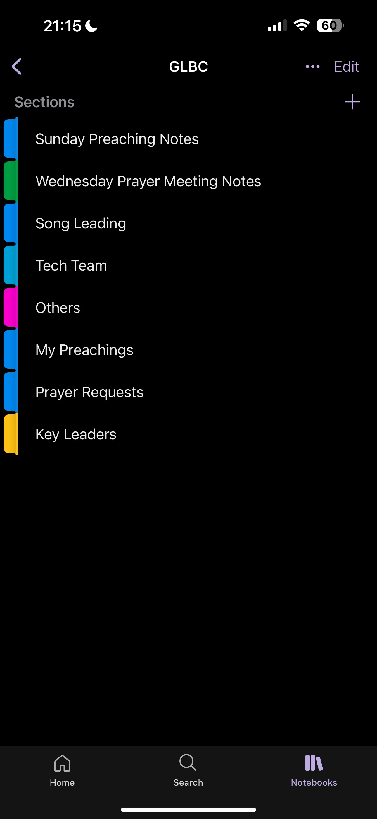 Các chương trong một sổ ghi chép OneNote, minh họa khả năng tổ chức ghi chú chuyên sâu theo từng chủ đề hoặc dự án.