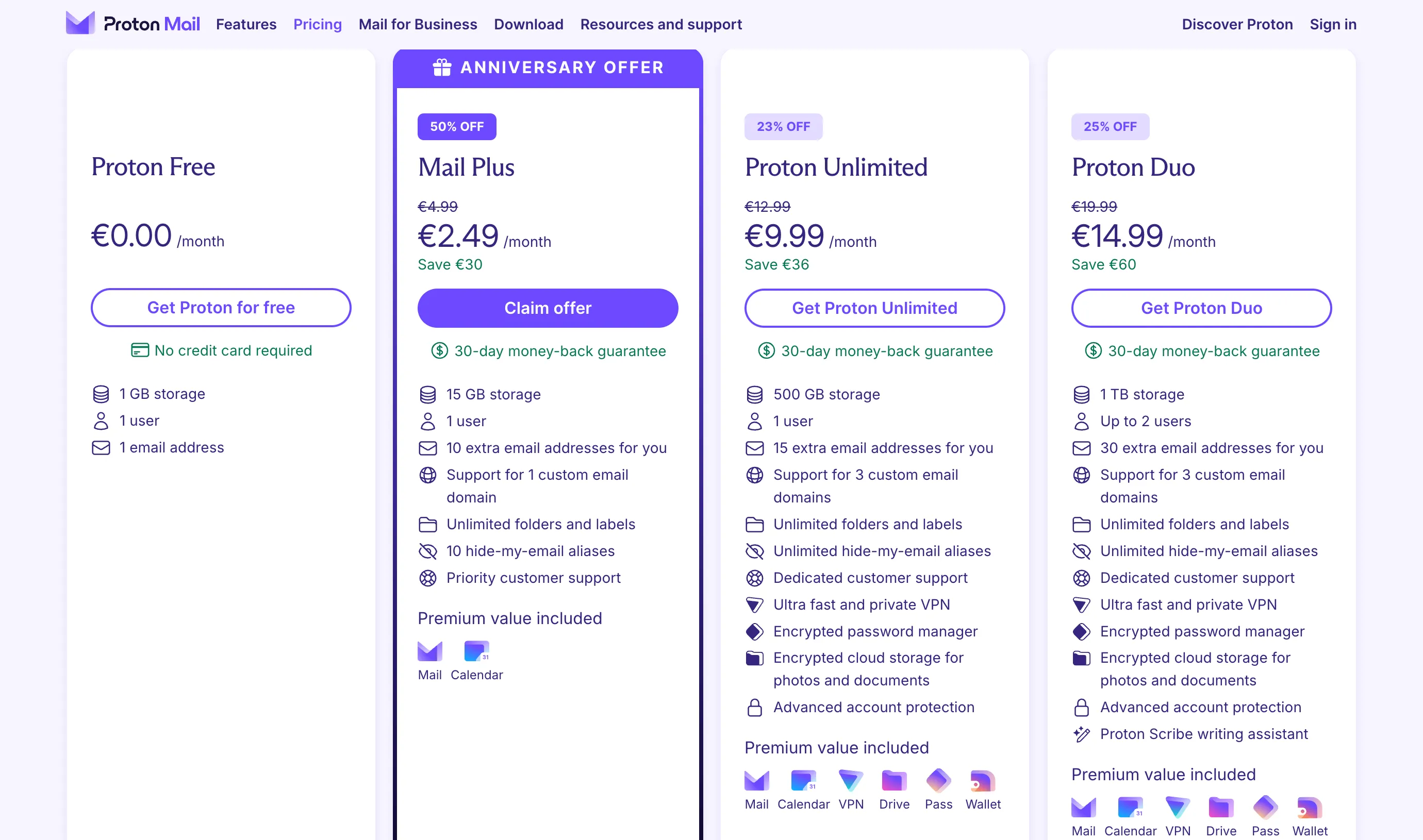 Các gói dịch vụ của ProtonMail bao gồm cả Proton VPN và nhiều tiện ích bổ sung