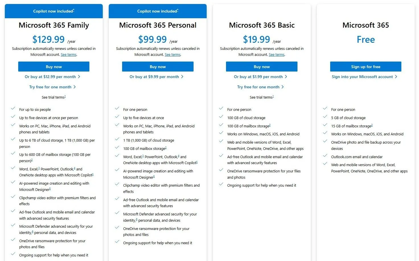Các gói dung lượng và giá đăng ký của Microsoft 365