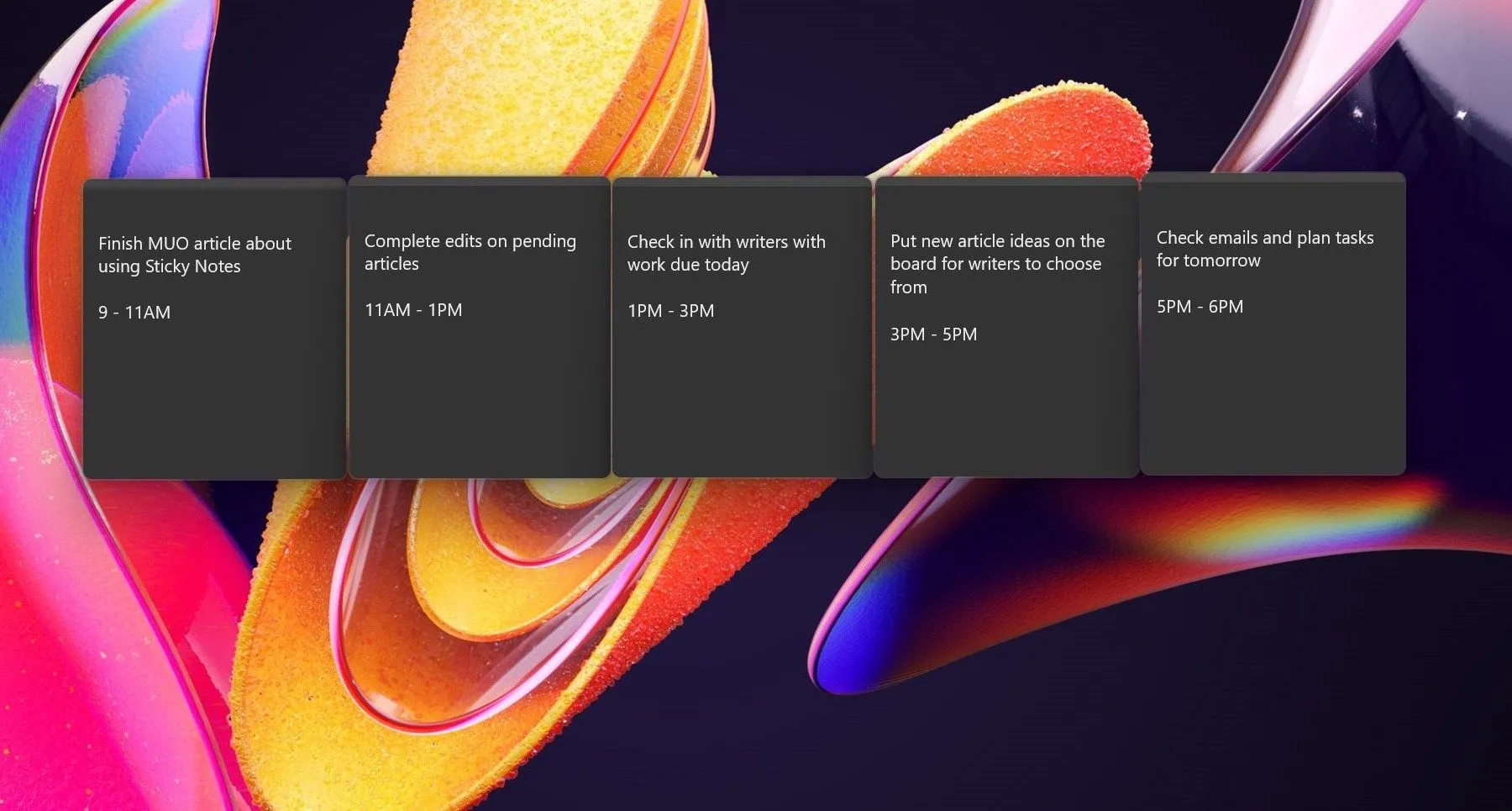 Các khối thời gian được tạo bằng Windows Sticky Notes giúp sắp xếp lịch trình trên desktop