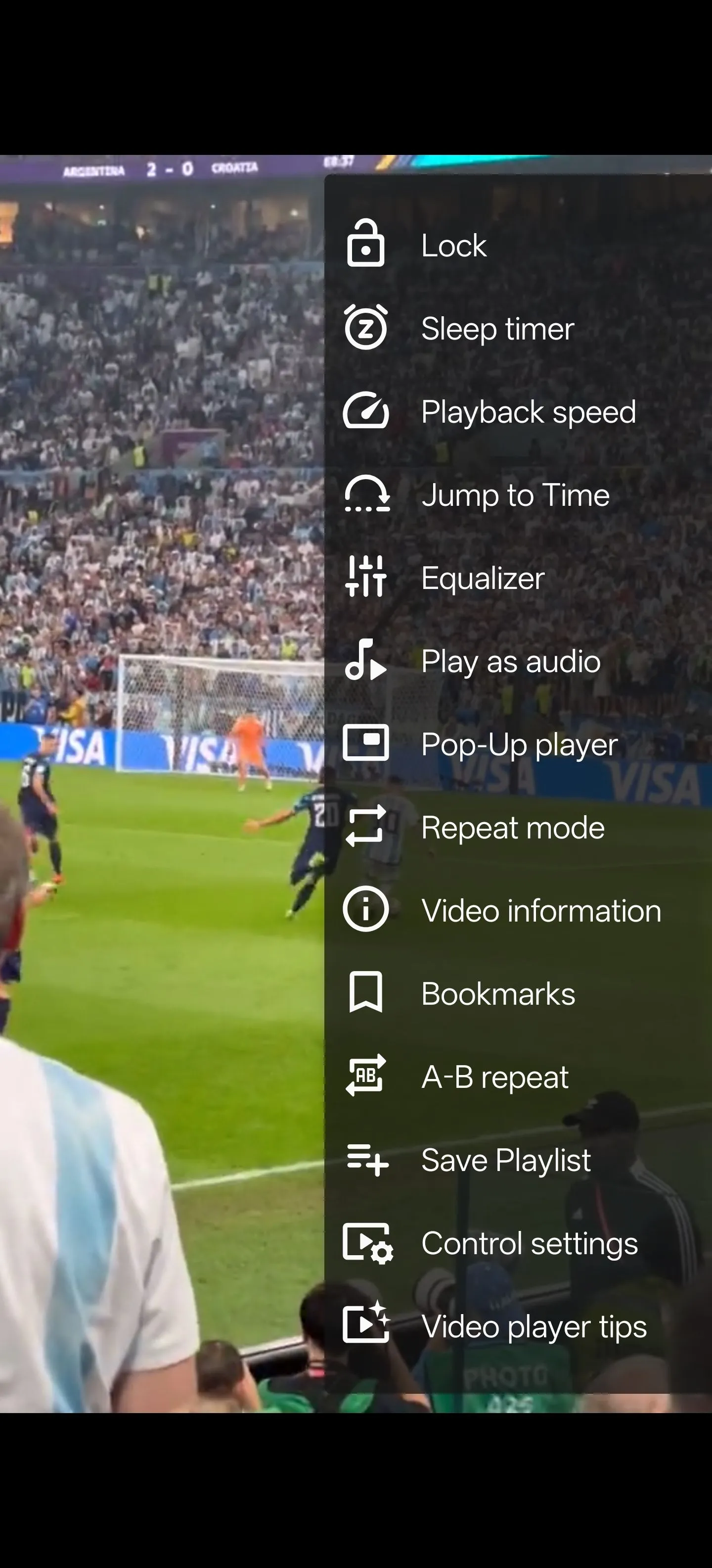 Các nút điều khiển phát lại video trên ứng dụng VLC for Android, hiển thị các tùy chọn tinh chỉnh.