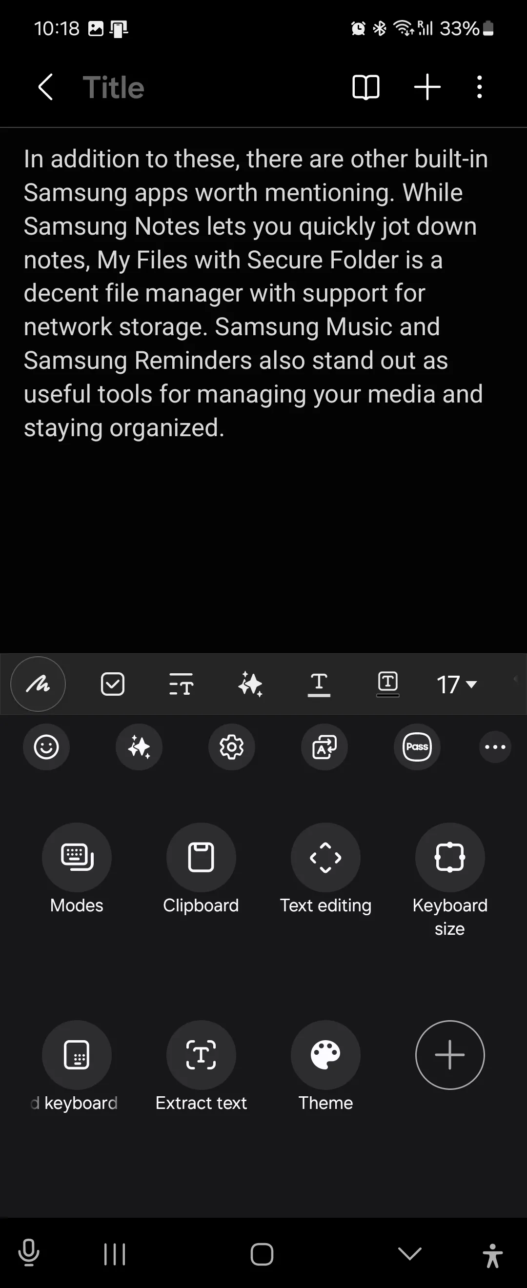 Các phím tắt trên bàn phím Samsung truy cập nhanh Samsung Pass, dịch thuật và trích xuất văn bản trong Samsung Notes.