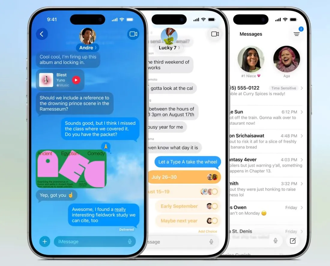 Các tính năng mới của ứng dụng Tin nhắn (Messages) trên iOS 26 được minh họa, bao gồm khả năng tạo thăm dò ý kiến (Polls) và dịch tin nhắn tự động.