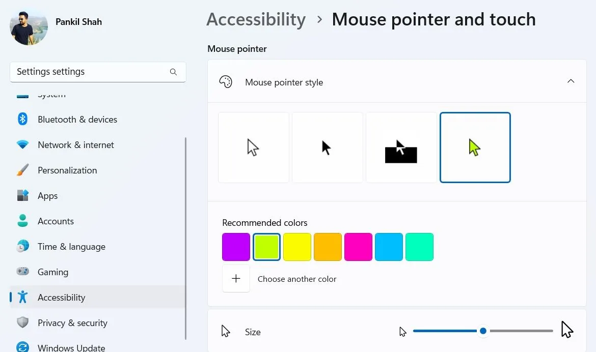 Các tùy chọn cài đặt con trỏ chuột trong ứng dụng Cài đặt Windows 11