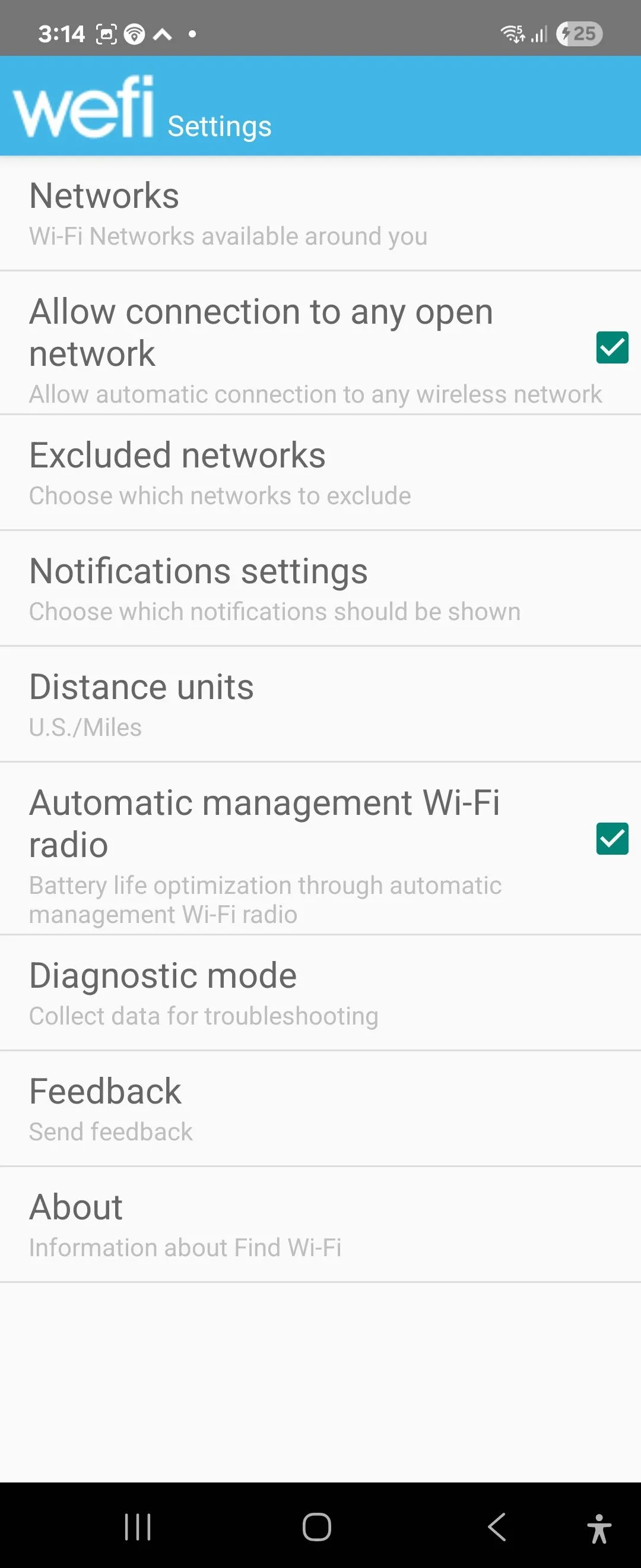 Các tùy chọn cài đặt của ứng dụng WeFi trên điện thoại Android, cho phép quản lý kết nối Wi-Fi tự động và tối ưu pin.