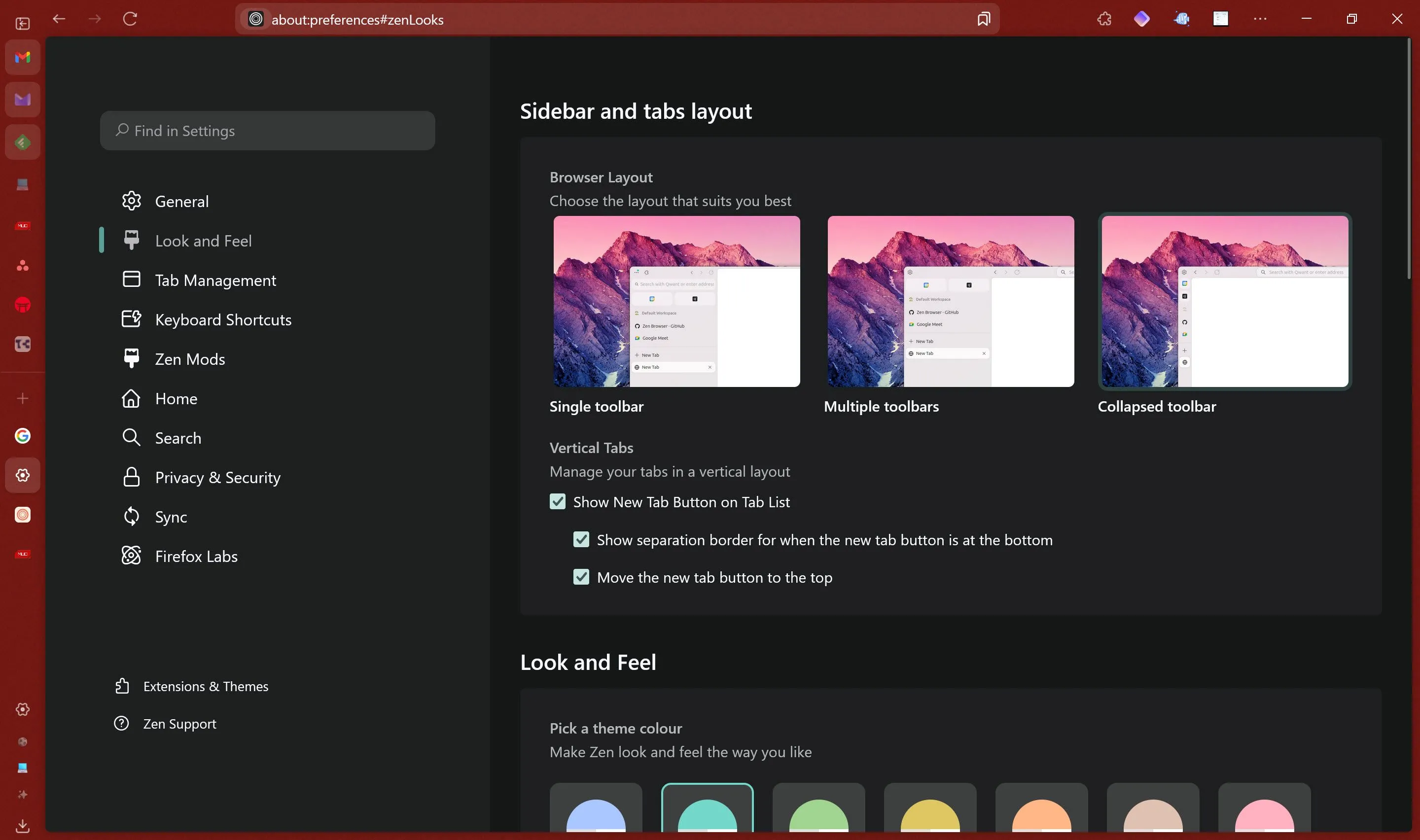 Các tùy chọn cài đặt tùy biến của Zen Browser, cho phép người dùng tùy chỉnh giao diện và bố cục theo ý muốn.