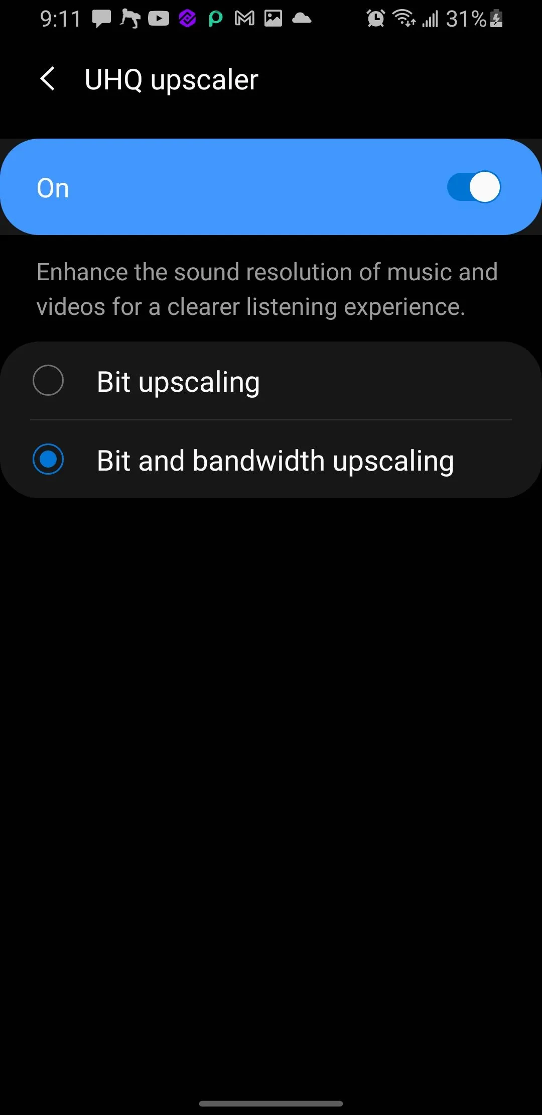 Các tùy chọn của UHQ Upscaler bao gồm Bit Upscaling và Bit and Bandwidth Upscaling trên điện thoại Samsung