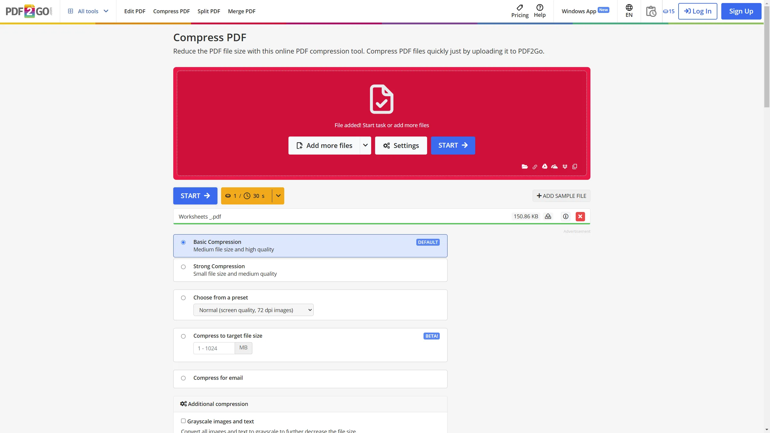 Các tùy chọn nén PDF đa dạng trên công cụ PDF2Go.