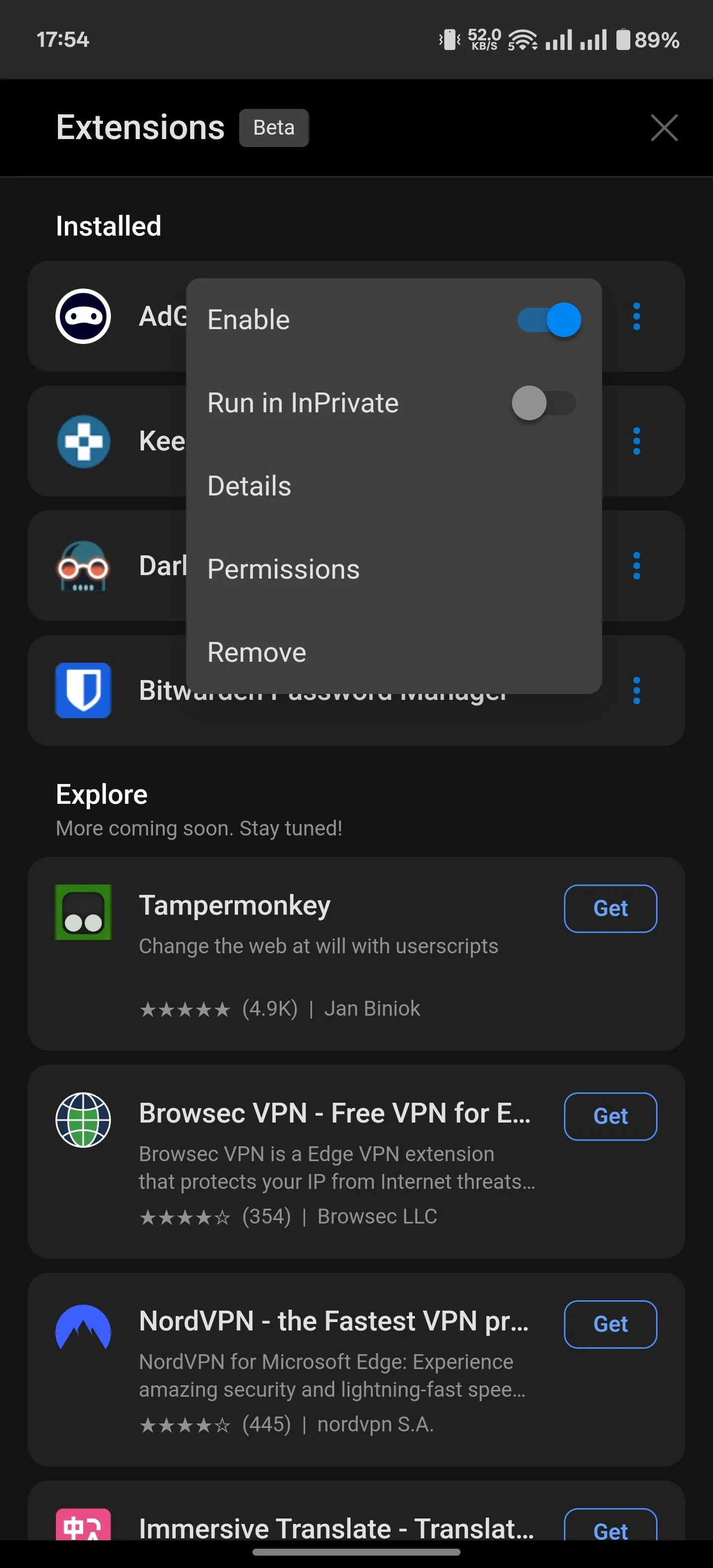 Các tùy chọn quản lý tiện ích mở rộng trong cài đặt Microsoft Edge Android