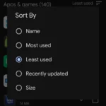 Cách sắp xếp ứng dụng theo mức độ sử dụng trong Google Play Store để gỡ bỏ những ứng dụng ít dùng giúp tối ưu điện thoại Samsung