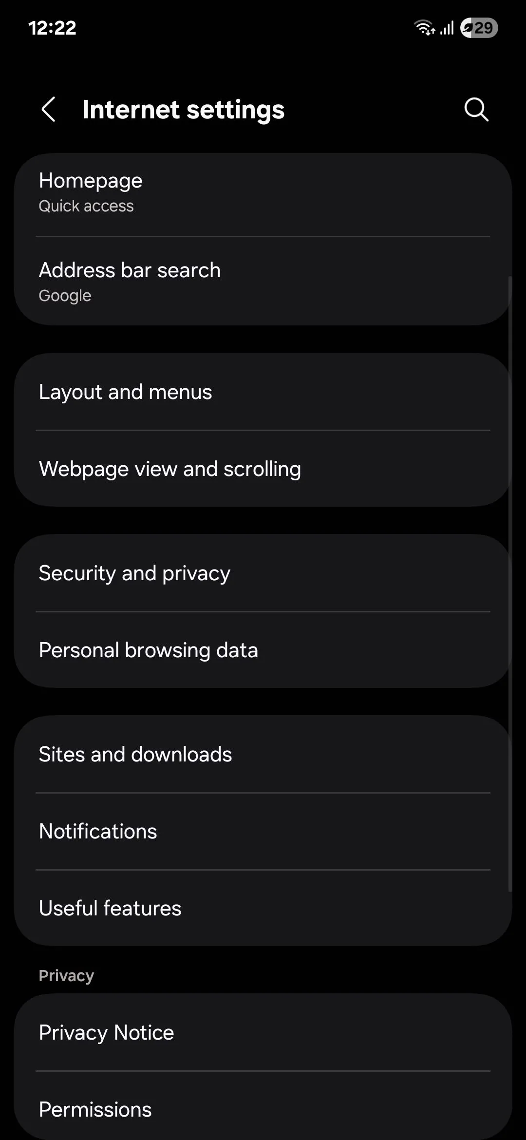 Cài đặt bảo mật và quyền riêng tư của trình duyệt Samsung Internet trên điện thoại Galaxy