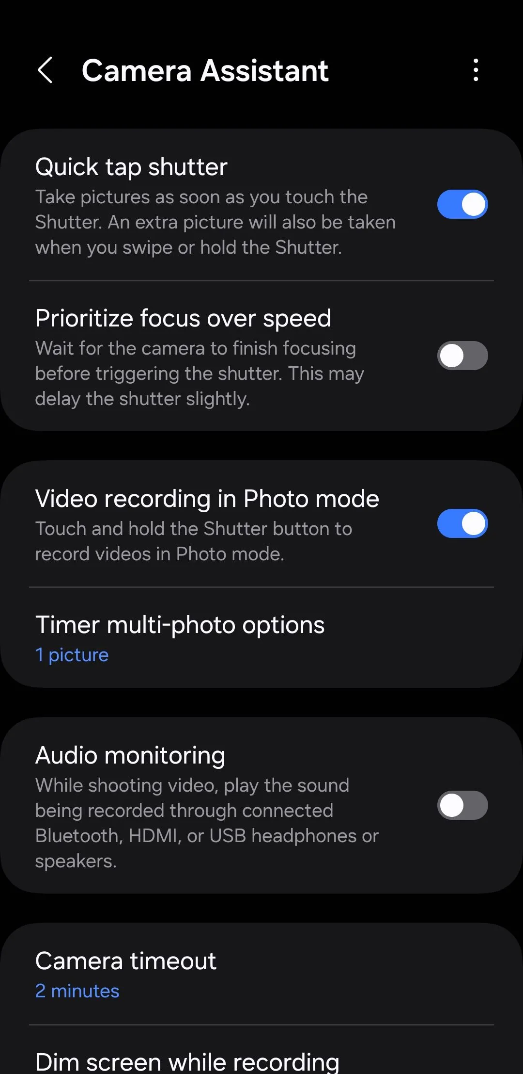 Cài đặt Camera Assistant trên điện thoại Samsung, bật tùy chọn Quick Tap Shutter