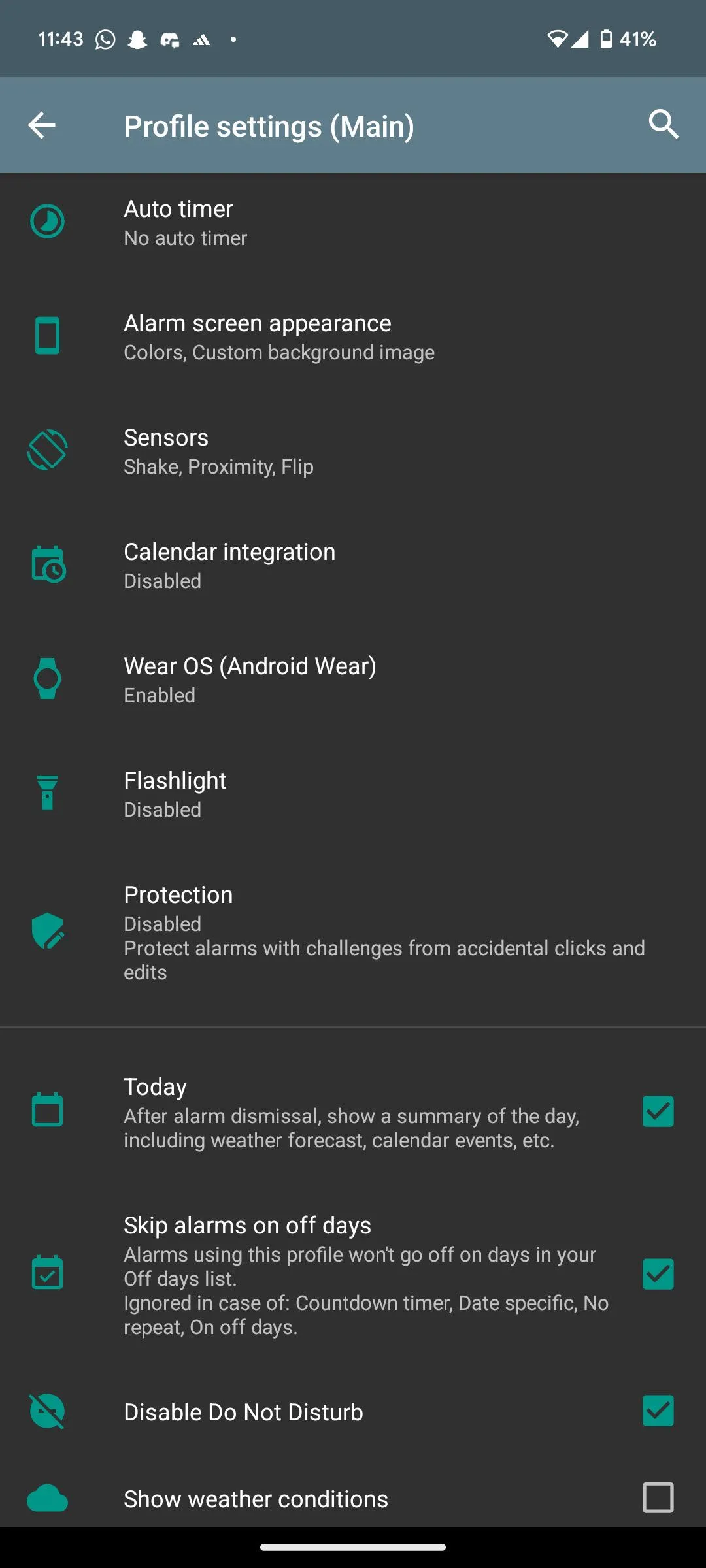 Cài đặt hồ sơ báo thức trong AMdroid, cho phép tùy chỉnh âm thanh, độ sáng màn hình và các thiết lập nâng cao khác.