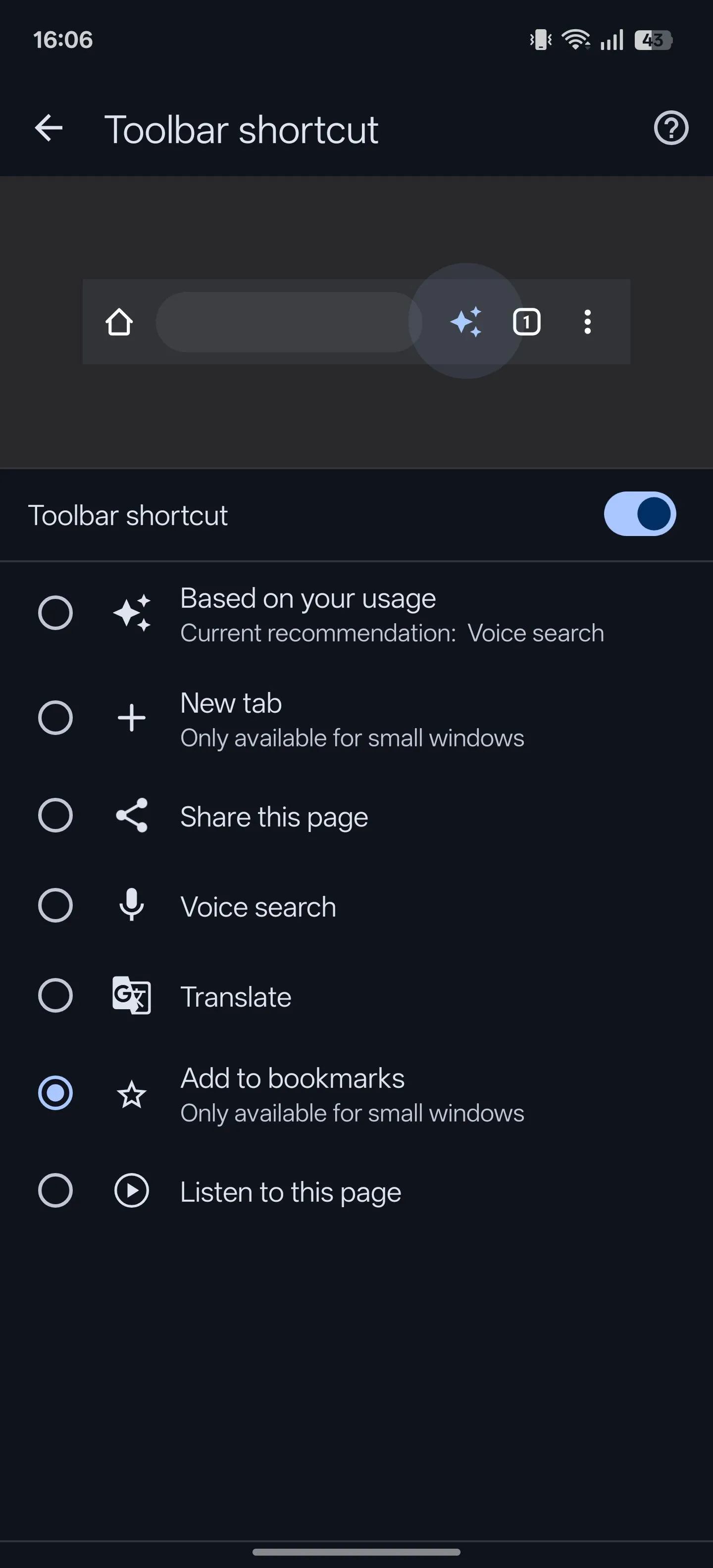 Cài đặt phím tắt thanh công cụ trong Chrome Android, cho phép thêm nhanh một hành động như &quot;Thêm vào dấu trang&quot;.