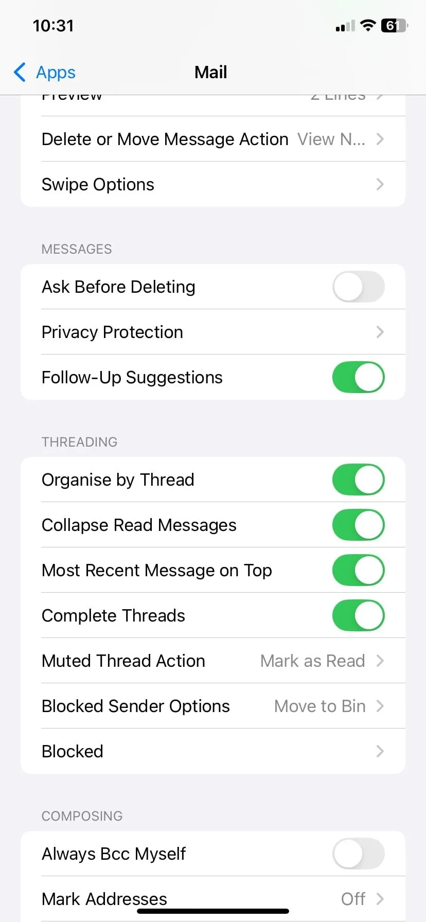 Cài đặt quyền riêng tư trong Apple Mail trên iPhone, minh họa tính năng bảo vệ thông tin cá nhân