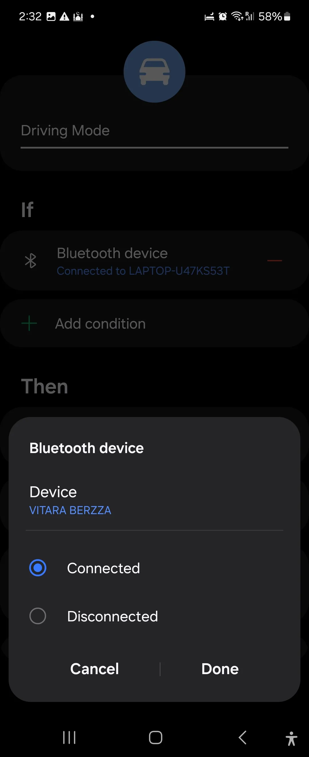 Cài đặt routine chế độ lái xe với Bixby trên Samsung Galaxy Flip 6, hiển thị các tùy chọn tự động mở ứng dụng và điều chỉnh cài đặt khi kết nối Bluetooth ô tô.