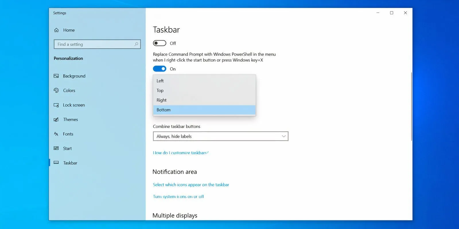Cài đặt Taskbar Windows 10 với tùy chọn vị trí thanh tác vụ
